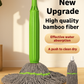 Green mop with gray head on a wooden floor, promotional text about high-quality bamboo fiber, effective water absorption, and push-to-clean dry.