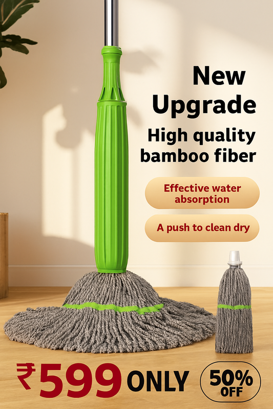 Green mop with gray head on a wooden floor, promotional text about high-quality bamboo fiber, effective water absorption, and push-to-clean dry.