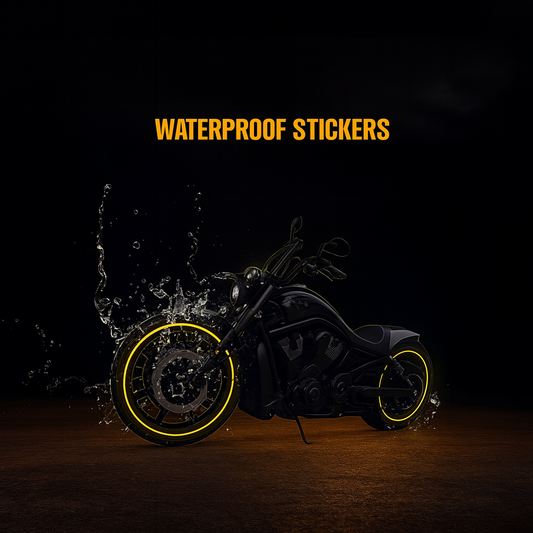 Motorcycle with glowing yellow reflective tyre stickers splashing through water, waterproof reflective bike rim tape
