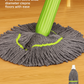 Mop with green handle and gray head on a wooden floor, with text indicating size and price.