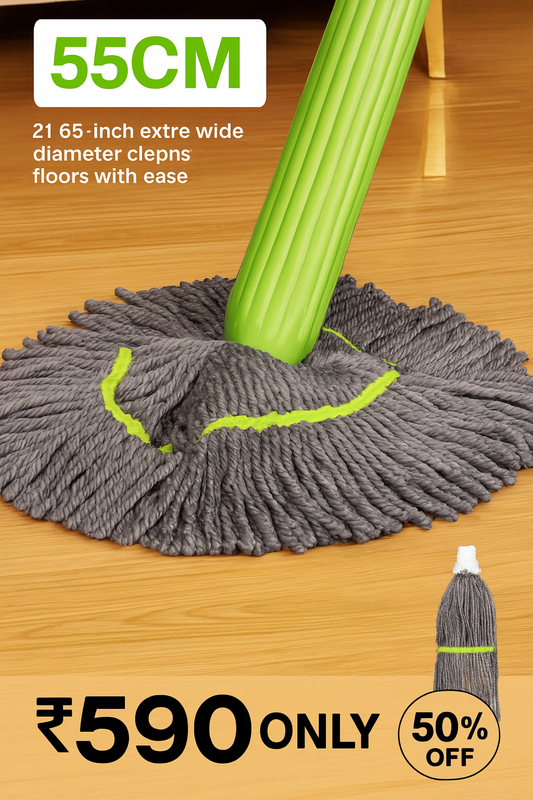 Mop with green handle and gray head on a wooden floor, with text indicating size and price.