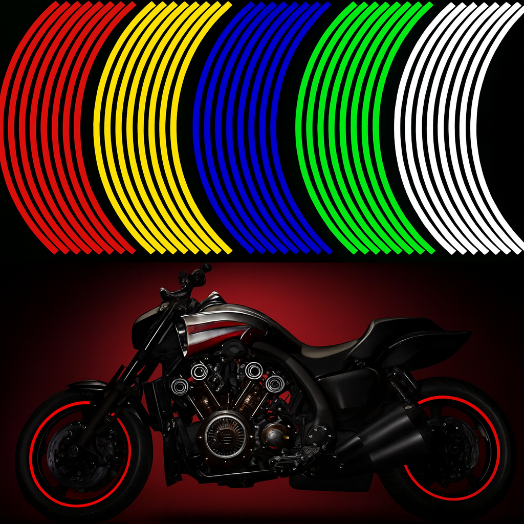 Multi-color reflective tyre rim stickers in red, yellow, blue, green, and white for cars and bikes, RoadPro Reflectives pack