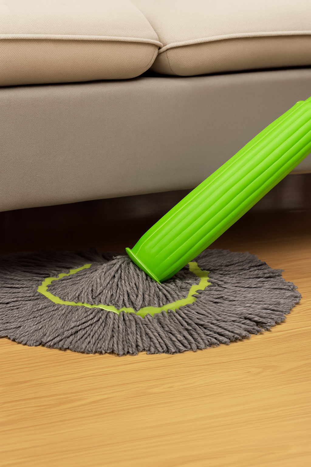 Green and gray mop cleaning a wooden floor with a beige sofa in the background