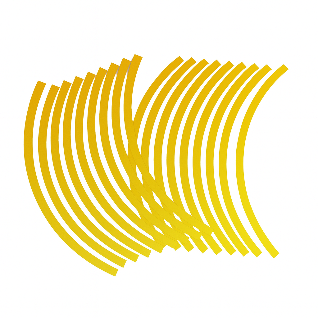 Close-up of yellow curved reflective tyre rim stickers pack of 18 for car and bike wheels