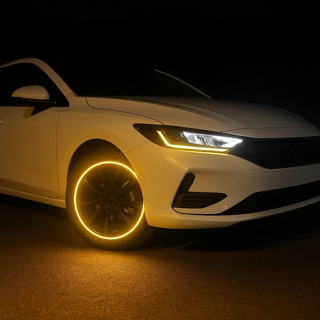 White car with glowing yellow reflective tyre stickers at night, RoadPro Reflectives waterproof