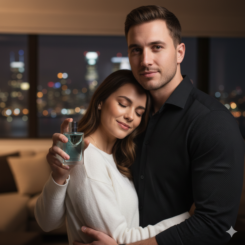 Man and woman embracing with a bottle of perfume in an urban night setting